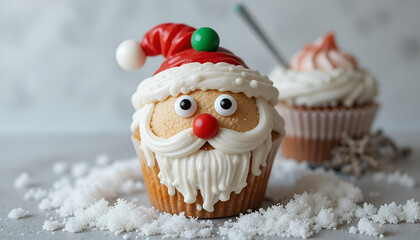 Adorable Santa Claus cupcake creation with white frosting beard and red hat sits in snowy holiday setting
