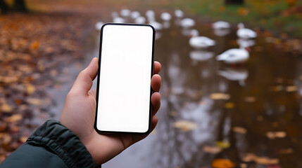 Hand Holding Phone in Autumnal Park: Capture the crisp air, falling leaves, and serene water scene with a flock of ducks.  Showcase your story amidst nature's beauty.