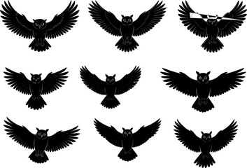 Owl silhouettes in flight poses, scroll symbolism, wing dynamics, black bird grid layout - flavector