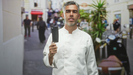 Man chef holds cleaver and beckons with hand on a busy street in front of storefront and scooter; hospitality confidence.