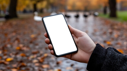 Hand holding a smartphone with a blank white screen in an autumn park, offering an opportunity for creative designs. Connectivity in nature. #TechMeetsNature.