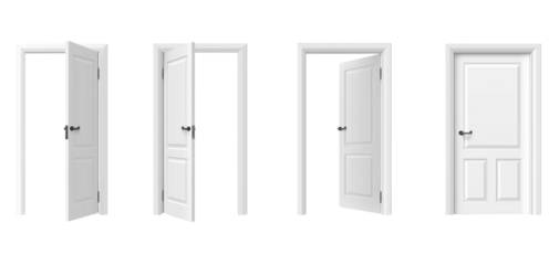 Four white doors in various open states isolated on a transparent background