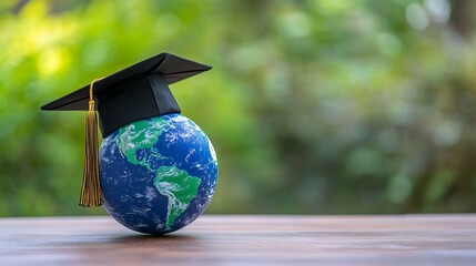 Celebrate global education with graduation cap on Earth globe, symbolizing worldwide learning opportunities and international academic achievement outdoors