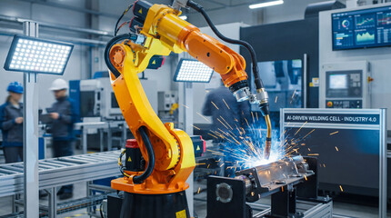 Industrial robotic arm welding metal with sparks, ai optimization hud display