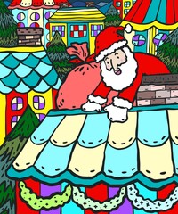 Santa Claus climbing the chimney doodle color illustration