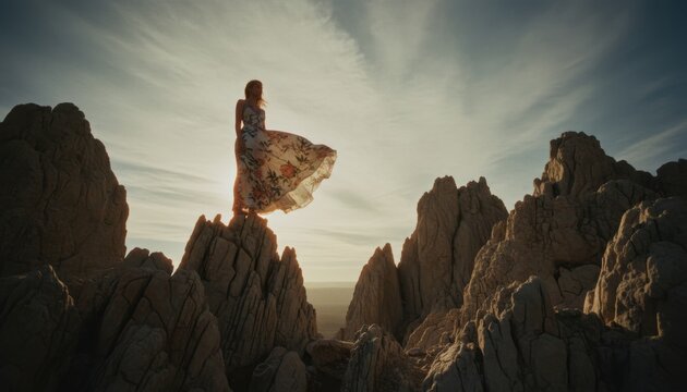 Graceful woman in a windblown floral dress stands on a jagged rock formation, silhouetted by the warm light of a cinematic and atmospheric sunset