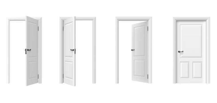 Four white doors in various open states isolated on a transparent background - Powered by Adobe