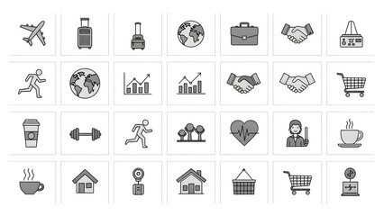 Large collection of travel global business sport health and shopping icons grayscale style isolated on white background