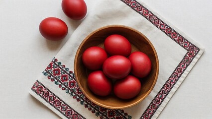 Red Orthodox Easter eggs in wooden bowl on traditional embroidered cloth