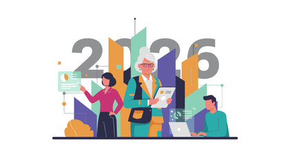 Obraz premium Diverse business team plans future success and strategy for 2026 using data visualization