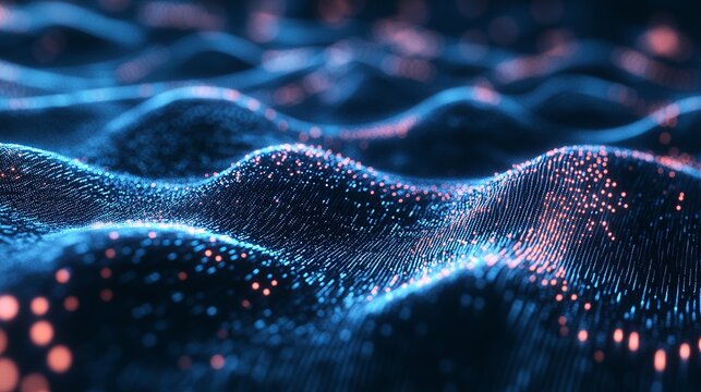 Stunning digital landscape with vibrant blue and red light particles flowing like waves, ideal for technology and innovation backgrounds in modern designs