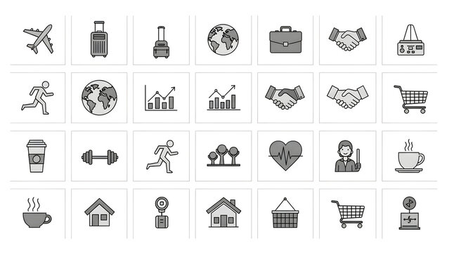 Large collection of travel global business sport health and shopping icons grayscale style isolated on white background