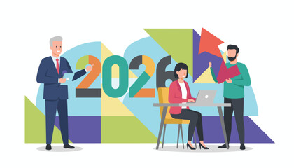 Business team working on strategy for 2026 growth Flat vector illustration