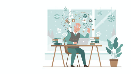 Senior man suffering from information overload and work stress in his winter office