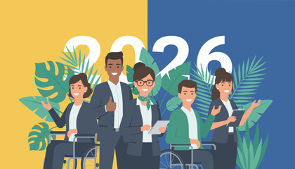 Smiling diverse business team with wheelchairs celebrating 2026 Inclusion and success concept