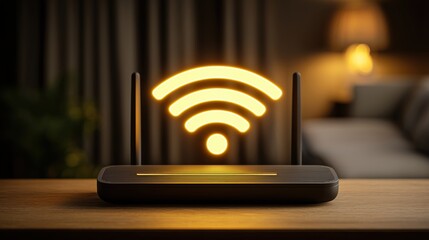 Glowing Wi-Fi symbol hovering over a wireless internet router at night