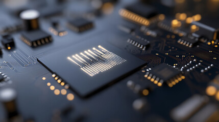 Macro shot showcases a sophisticated circuit board with intricate pathways and components. The central processor emanates a soft glow, highlighting its pivotal role in digital tech.