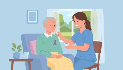 Professional caregiver assists senior patient with medication in a comfortable setting