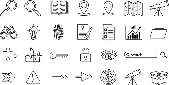Collection of hand drawn icons representing search analysis and discovery concepts