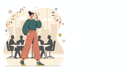 Confident businesswoman on mobile call in an office decorated for winter holidays