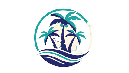 A circular logo featuring three stylized palm trees on a beach with wavy ocean water below.