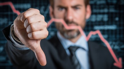 Businessman's hand giving a thumbs down over a red declining stock market graph