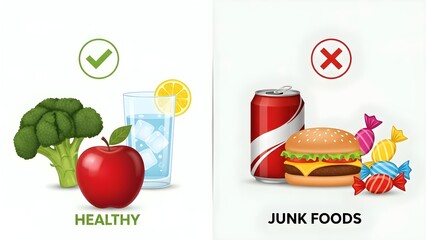 Comparison of healthy food choices versus unhealthy junk food options showing broccoli apple water soda burger candy illustration