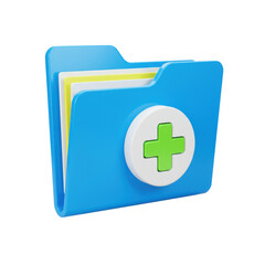 Obraz premium A glossy blue 3d file folder icon with a medical cross badge, open with documents inside on a white background. Concept of healthcare data security.