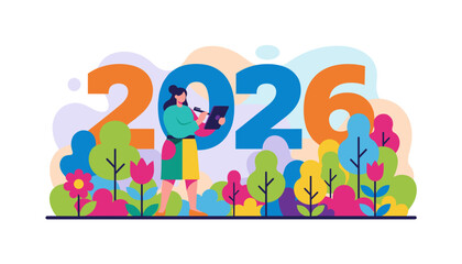 Woman planning future goals for 2026 amidst vibrant natural growth New Year concept illustration