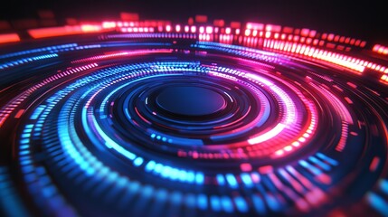 Dynamic glowing neon circles create a futuristic data stream, perfect for innovative technology or digital transformation projects, vibrant and modern style