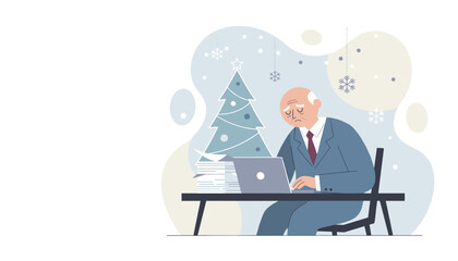 Elderly man working on a laptop near a Christmas tree Holiday work stress and burnout concept