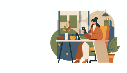 Woman working on mobile device in a cozy modern fall workspace focusing on business and technology