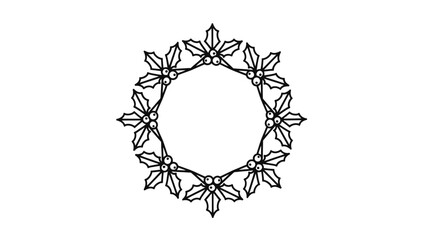 A detailed black and white illustration of a circular wreath composed of holly leaves and berries.