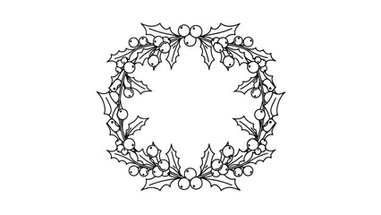 A black and white line art illustration of a festive Christmas wreath made from holly leaves and berries. © nevermind