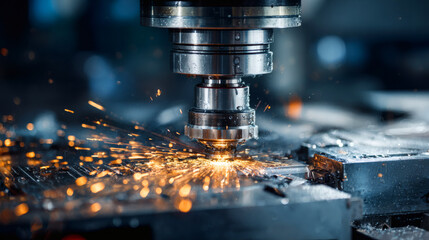 Precision machining process with sparks flying from the cutting tool