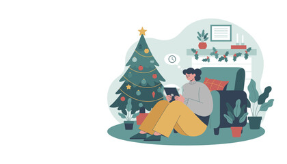 Woman using tablet device in a cozy living room decorated for Christmas and winter holidays