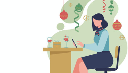 Corporate holiday celebration Woman uses tablet near wine gifts and Christmas decor