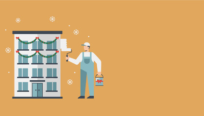 Illustration of a worker painting a commercial building decorated for Christmas