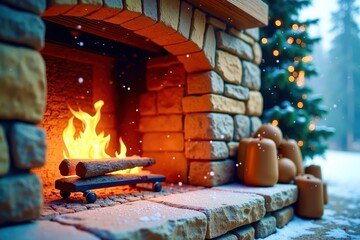 A fireplace with a fire burning in it