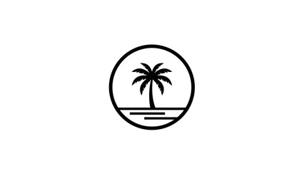 A minimalist black and white line art icon of a palm tree on an island inside a circle.