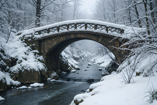 Snow covered stone bridge arches over a flowing stream in a winter forest landscape - Powered by Adobe