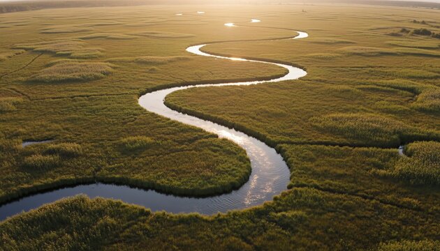 Long winding river meanders through a vast green marshland, with the golden light of the setting sun reflecting on its calm surface in a beautiful aerial view