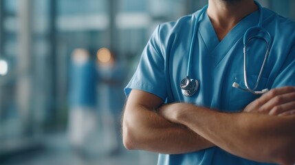 Medical professional with crossed arms and a stethoscope in a hospital corridor