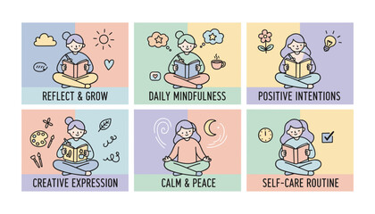 Selfcare routine illustrations six panels showing mindfulness journaling meditation and creative growth