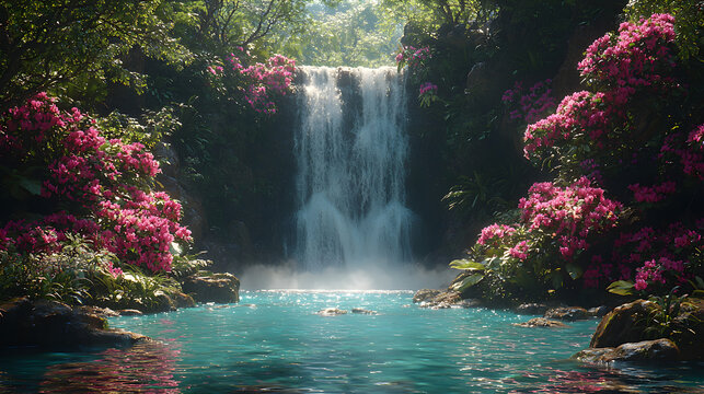 Serene turquoise pool at the base of a vibrant waterfall surrounded by lush greenery and blooming pink flowers. - Powered by Adobe