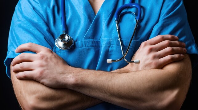 Close-up of a doctor or surgeon with crossed arms and a stethoscope over blue scrubs