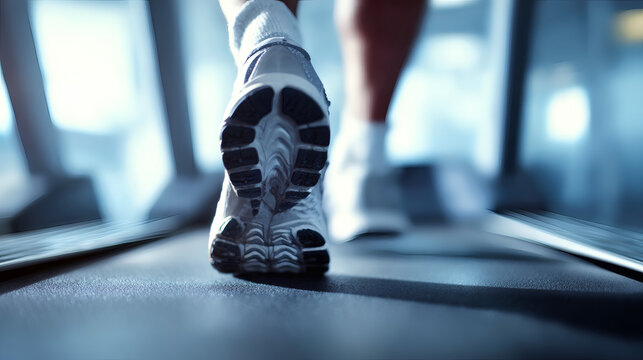 Close-up of a person's running shoes on a treadmill in a gym