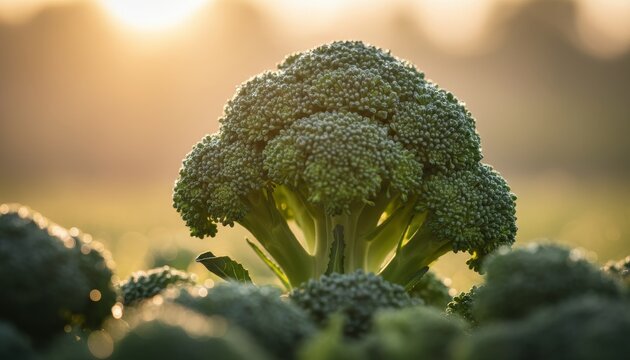 Fresh green broccoli head with dew is growing in a field during a beautiful golden sunrise with warm, soft backlighting creating a serene and natural agricultural scene