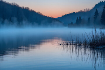 Serene misty lake at sunrise with calm water and distant forested hills