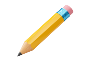 A stylized yellow pencil with a sharp graphite tip, blue ferrule, and pink eraser isolated on a white background with copy space, concept of education and precision